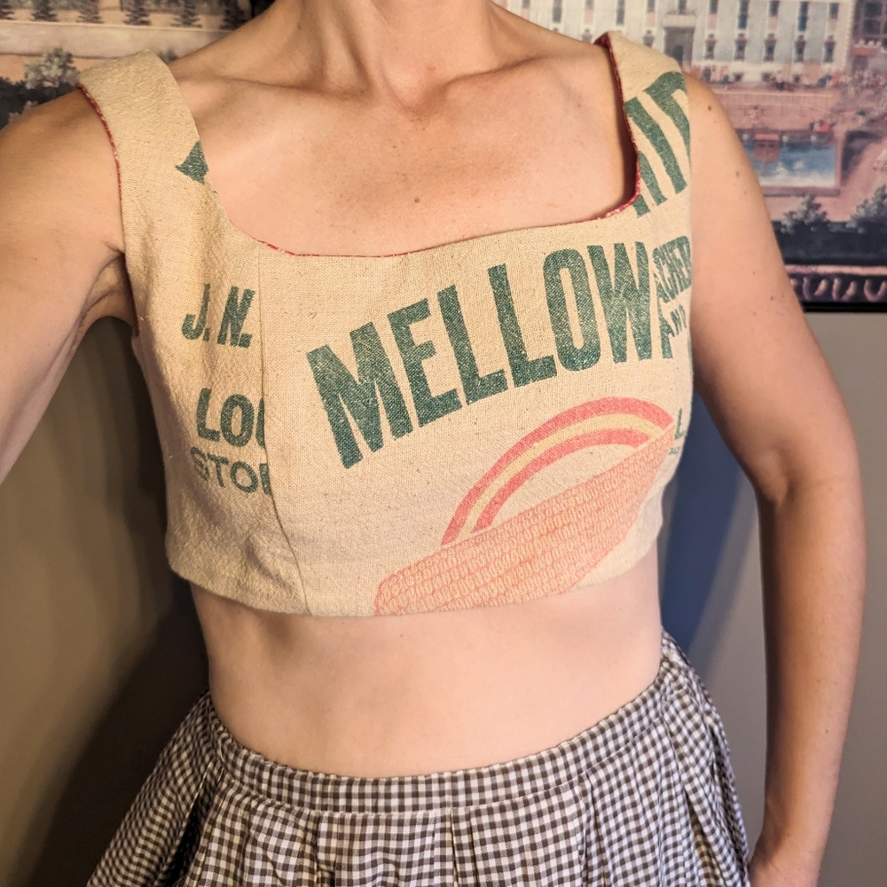 VINTAGE FEEDSACK cropped top farm feed sack S M